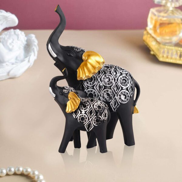 Polyresin Elephant Showpiece Statue and Artifacts for Home Decor, Living Room, Table Decoration for Gifting, Interiors and Diwali Decoration Black Golden (Set Of 2)